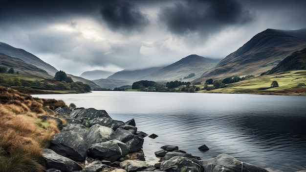 Majestico paisaje del norte de Gales Hermosa vista horizontal del lago Llyn Llydaw en Snowdonia Nacional