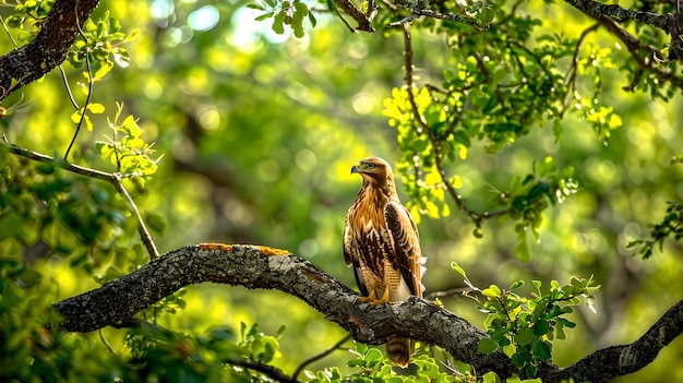 Majestico pássaro de rapina empoleirado em um galho de árvore em meio a folhagem verde vibrante Fotografia da natureza ideal para entusiastas da vida selvagem e fundos Uma cena serena capturada à luz do dia AI