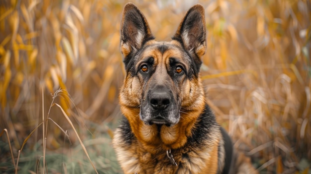 Majestico pastor alemán sentado atentamente en el campo del otoño dorado Retrato canino