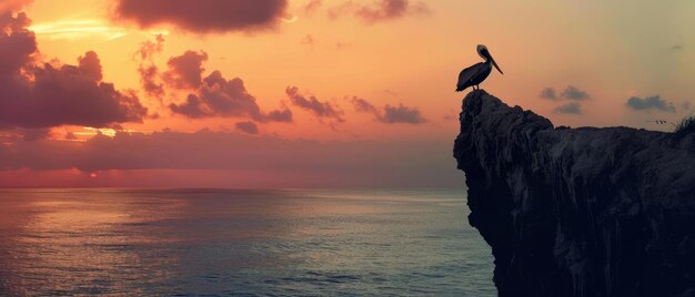 Foto majestico pelicano em silhueta no penhasco rochoso ao pôr-do-sol beleza serena da natureza