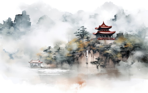 Foto majestico pico de montaña chino con un antiguo templo envuelto en niebla ilustración de pintura china