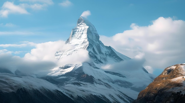 Majestico pico de montaña cubierto de nieve bajo un cielo azul claro perfecto para temas de naturaleza ideal para viajes y aventuras IA