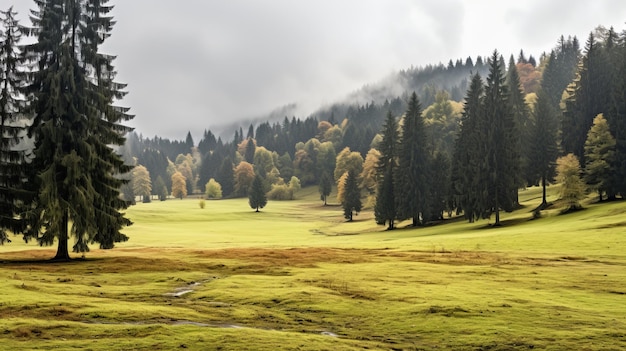 Majestico prado alpino com árvores de folha caduca e abetos em tempo de chuva