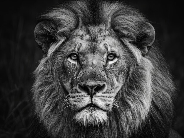 Majestico retrato de león en blanco y negro que captura la esencia de la belleza y la fuerza salvajes