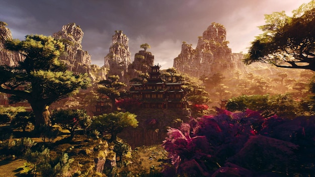 Majestico templo asiático enclavado en el paisaje montañoso durante la puesta de sol