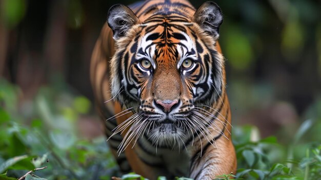 Majestico tigre adulto vagueando por folhagem verde em habitat natural Olho intenso e vívido