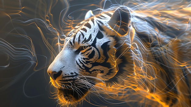 Majestico tigre blanco con una melena naranja brillante El tigre está de pie en un fondo oscuro con una expresión feroz en su cara