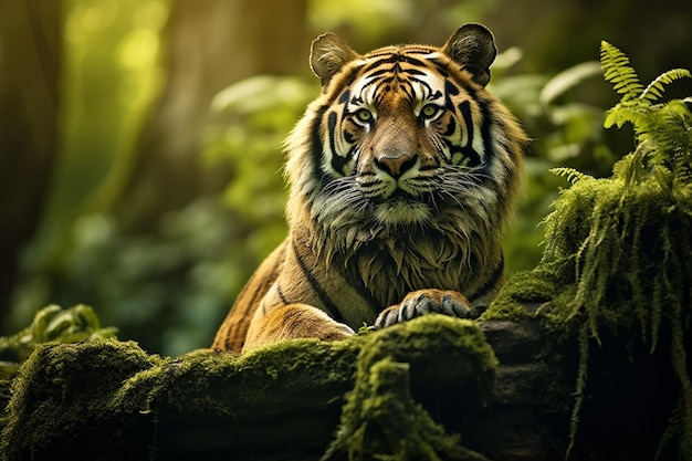 Majestico tigre de Bengala descansando em uma rocha coberta de musgo no coração da selva