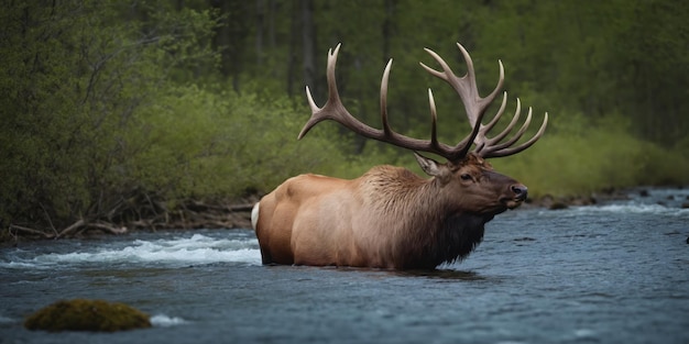 Majesticos alces selvagens num lago