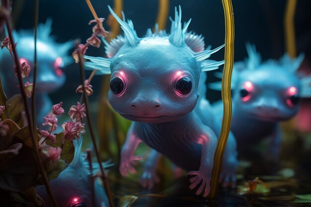 Majesticos axolotles rodeados por un vórtice de corrientes oceánicas