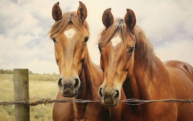 Majesticos caballos marrones en un campo sereno con bridas Ai