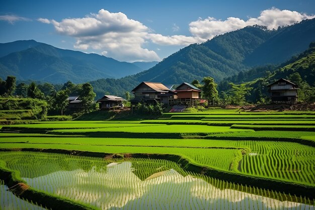 Foto majesticos campos de arroz que envolvem a aldeia de baan pa bong pieng uma visão deslumbrante no norte da tailândia