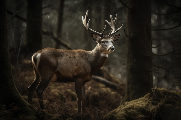 Majesticos ciervos emergen en el bosque al anochecer generativo IA