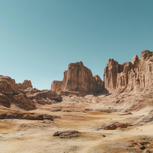 Majesticos penhascos de arenito se erguem de uma paisagem desolada do deserto sob um céu azul claro