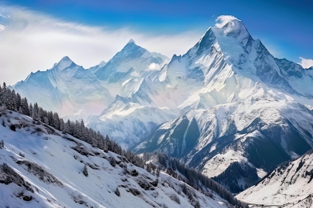 Majesticos picos cobertos de neve se erguem à distância na deslumbrante paisagem alpina