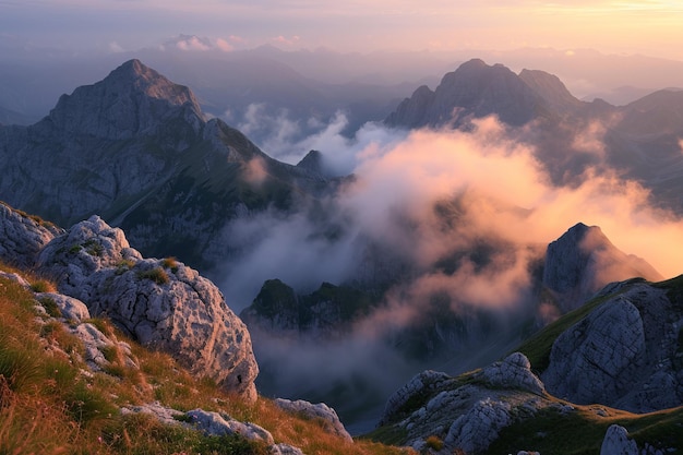 Majesticos picos montañosos que surgen de las suaves nubes al amanecer con una luz cálida que ilumina el escarpado paisaje