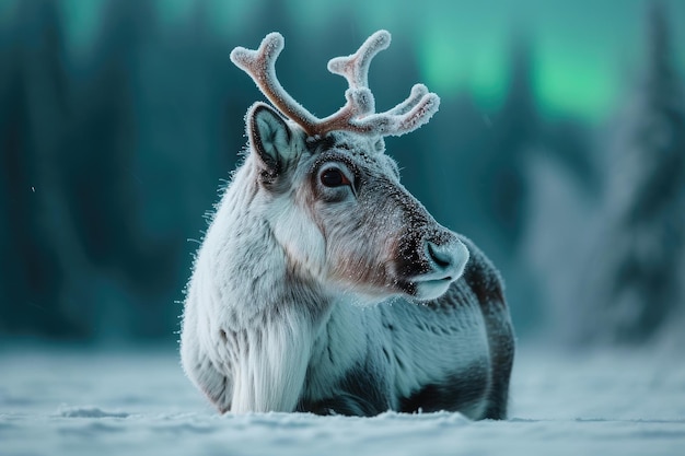 Majesticos renos bajo las luces del norte en un paisaje ártico nevado al crepúsculo