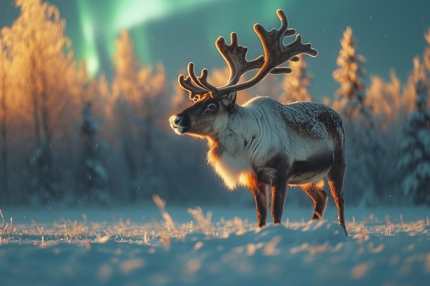 Majesticos renos bajo las luces del norte en un paisaje ártico nevado en el crepúsculo