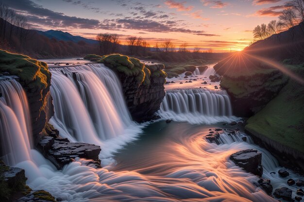 majestosa cachoeira ao pôr-do-sol