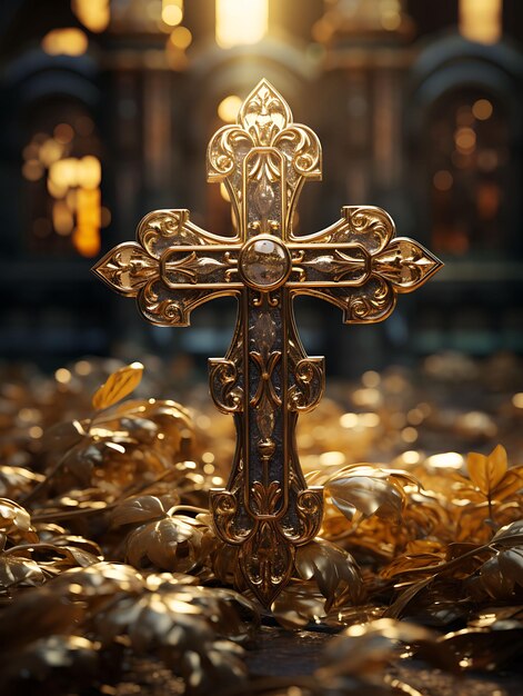 Foto majestosa cruz sagrada feita de metal dourado e adornada com cruz domingo de ramos foto arte cristã