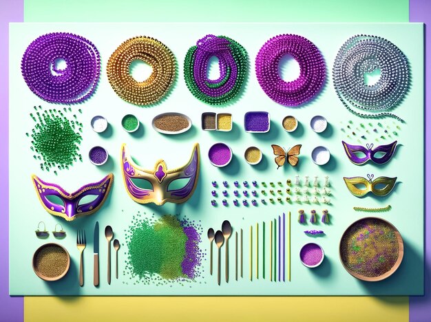 Majestosa máscara de Mardi Gras em meio a um tesouro de ornamentos festivos