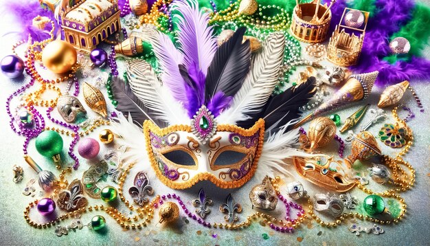 Majestosa máscara de Mardi Gras em meio a um tesouro de ornamentos festivos