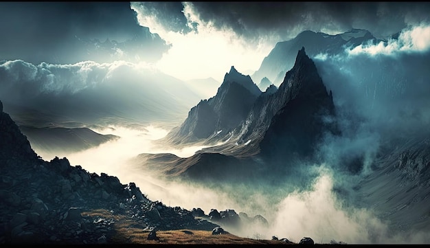 Majestosa paisagem montanhosa com neblina e nuvens