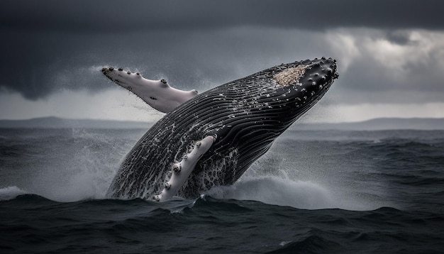 Majestosas baleias jubarte quebram espirrando no mar azul gerado por IA