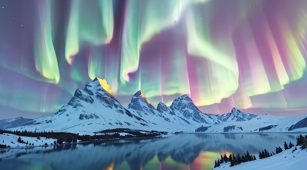 Majestosas montanhas nevadas e céu colorido de aurora