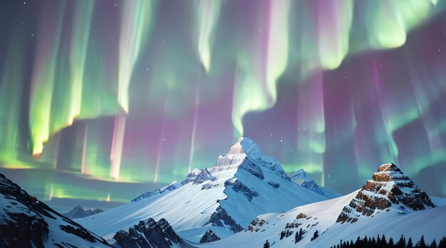 Majestosas montanhas nevadas e céu colorido de aurora