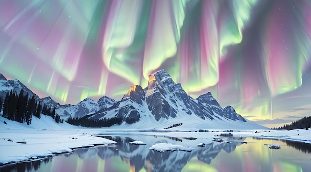 Majestosas montanhas nevadas e céu colorido de aurora