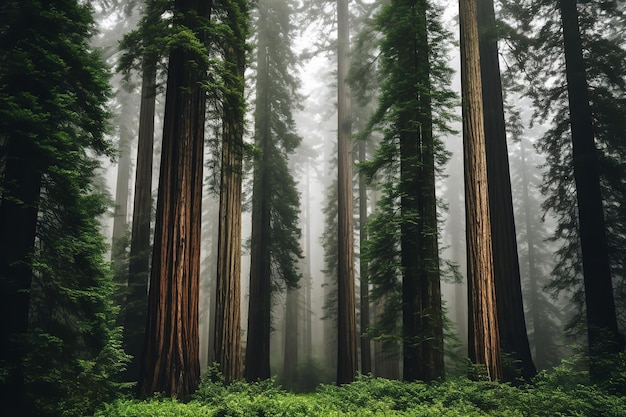 Majestosas sequoias em uma floresta nevoenta