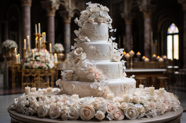 Majestoso bolo de casamento adornado com detalhes encantadores e casal no topo generativo IA