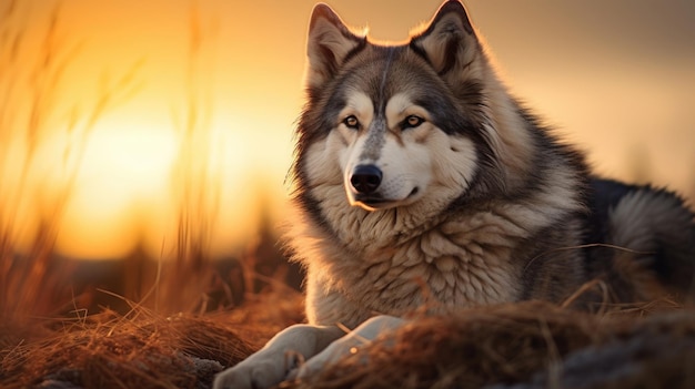 Majestoso cão Malamute do Alasca em ambiente natural