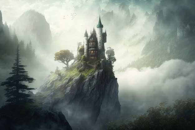 Majestoso castelo dos elfos empoleirado no topo da floresta cercado por nuvens enevoadas