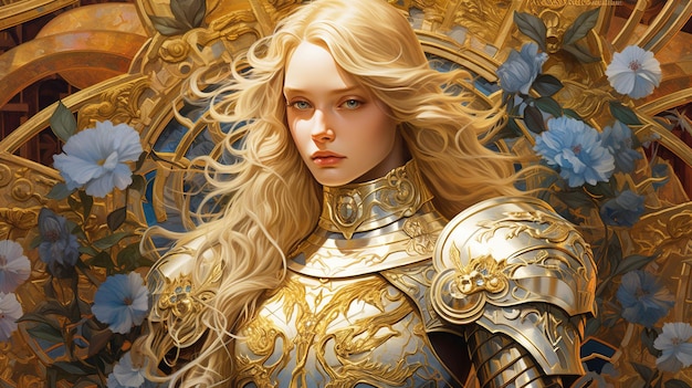 majestoso cavaleiro medieval bela garota guerreira em brilhante armadura de fantasia dourada e prateada