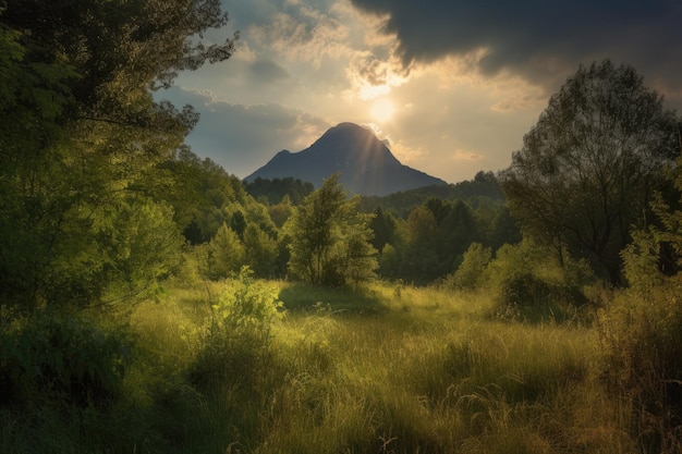 Majestoso pico de montaña numa paisagem verdejante generativo IA
