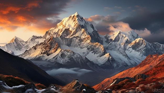 Majestoso pico de montanha coberto de neve e banhado pela luz solar dourada gerada pela inteligência artificial