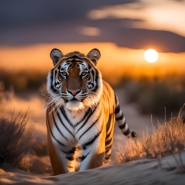 majestoso tigre caminhando na savana de Bangladesh ao pôr do sol Regenerative AI por Aquiles Orfei