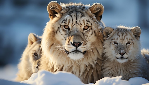 Majestoso tigre escondido olhando para a tranquilidade da natureza selvagem do inverno gerada pela inteligência artificial