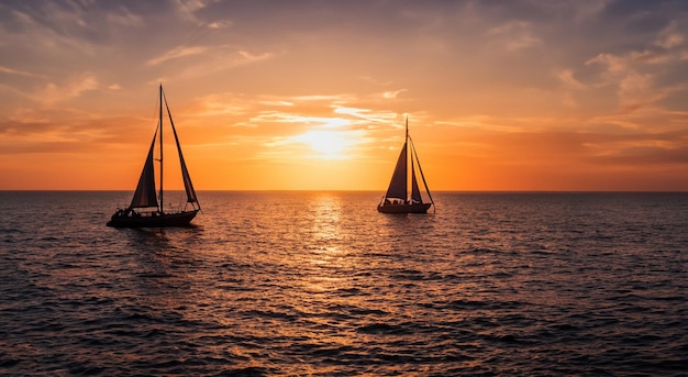 majestosos veleiros no mar com um belo pôr do sol