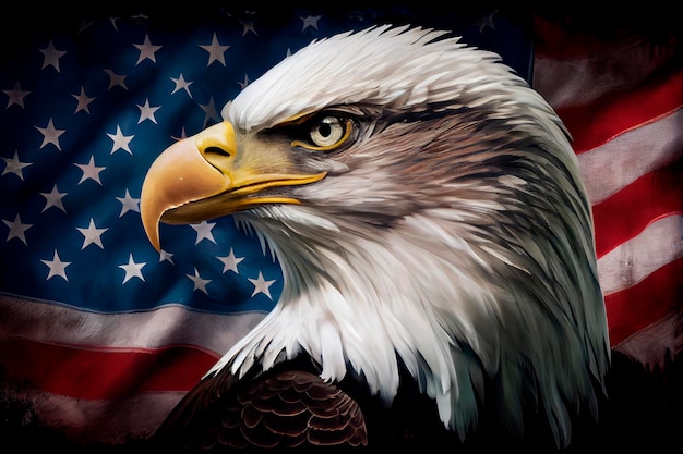 Majestuosa águila calva contra la bandera estadounidense Generative Ai