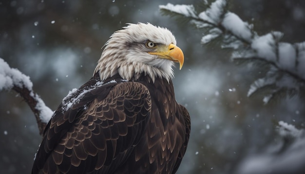 Majestuosa águila calva posada en una rama nevada generada por IA