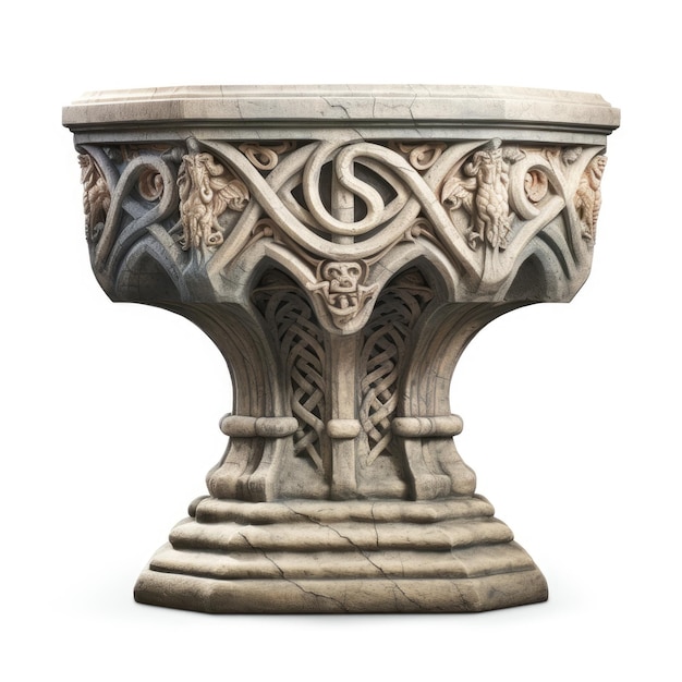 Majestuosa atemporalidad Fuente de piedra medieval hiperreal sobre un fondo blanco sereno