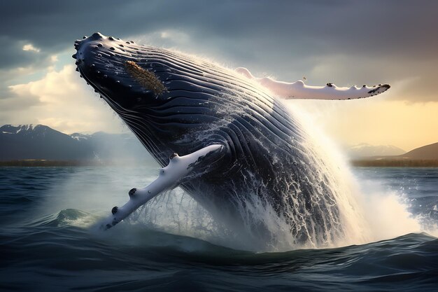 Una majestuosa ballena jorobada rompiendo la superficie foto realista en hd