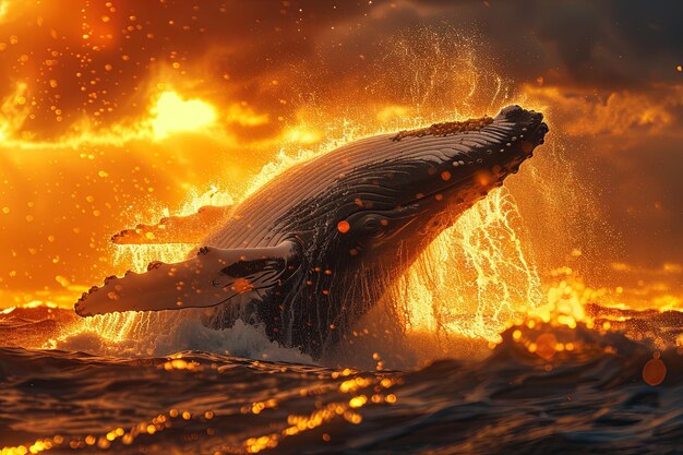 Foto majestuosa ballena rompiendo la superficie del océano al atardecer