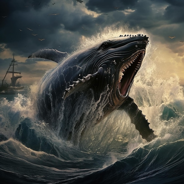 Una majestuosa ballena zumbando en medio de olas violentas