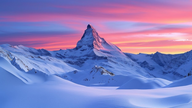 Foto la majestuosa belleza de las montañas cubiertas de nieve durante la puesta de sol.