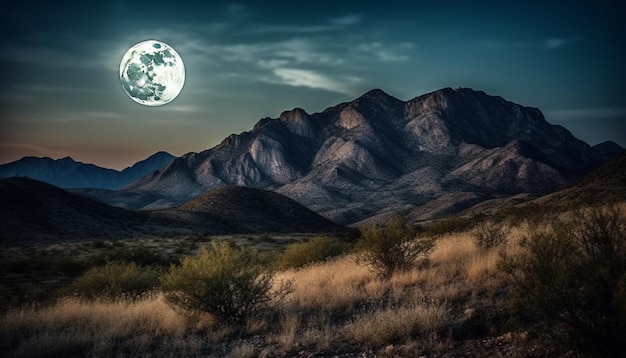 Majestuosa cadena montañosa brilla bajo el cielo a la luz de la luna IA generativa