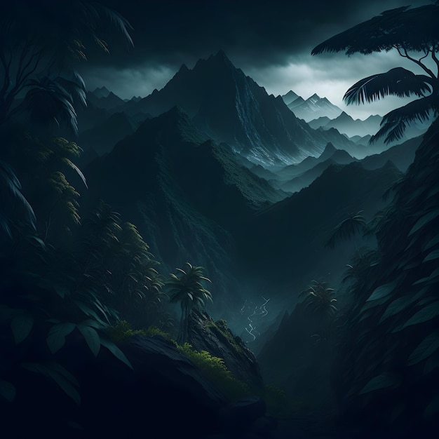 Una majestuosa cadena montañosa iluminada por un espectacular contraste de luz y oscuridad.